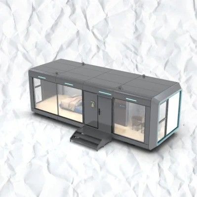 Moderne, elegante design, broodjepaneel, prefab capsule, klein huisje.