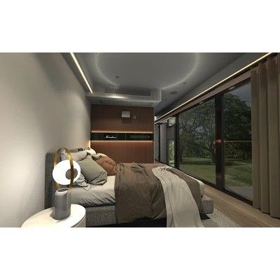 Moderne, elegante design, broodjepaneel, prefab capsule, klein huisje.